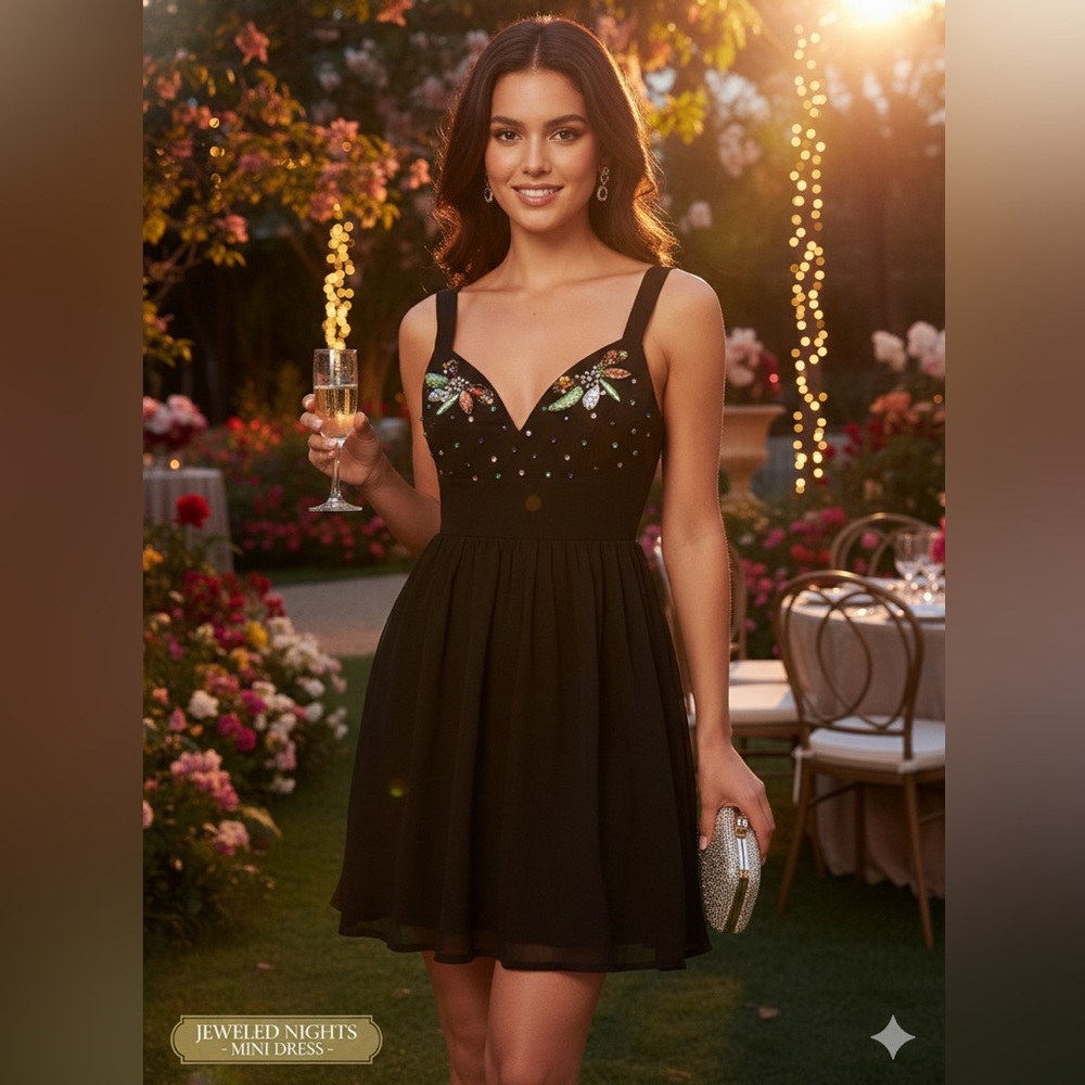 AS-IS Paradisco Black Embellished Mini Dress Rhinestone Detail - S